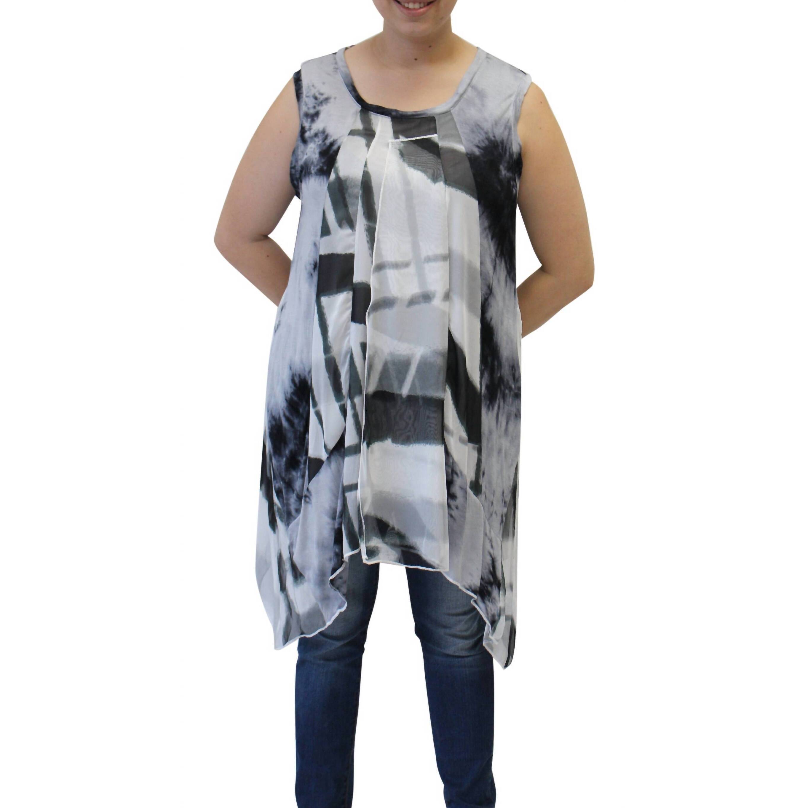 New Lv Collection Abstract Sleeveless Patchwork Top In Black, White & Grey